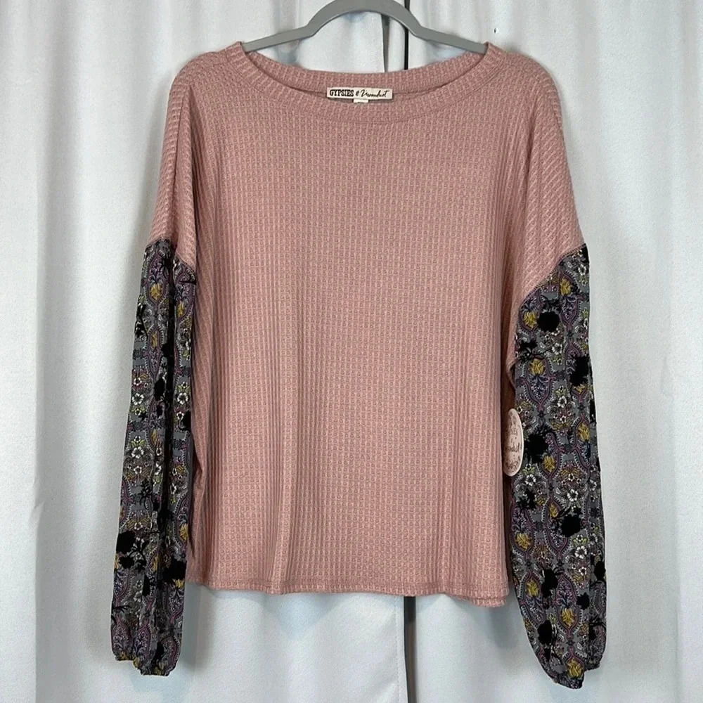 NEW Gypsies & Moondust Print-Sleeve Waffle-Knit Top